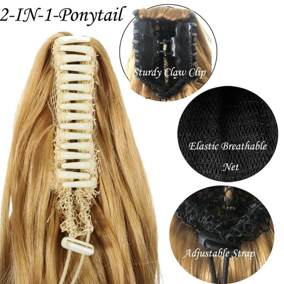 Long Curly PonyTail Hair Extensions 22Inch Light Brown Claw Wavy Ponytail Extens - Picture 4 of 6